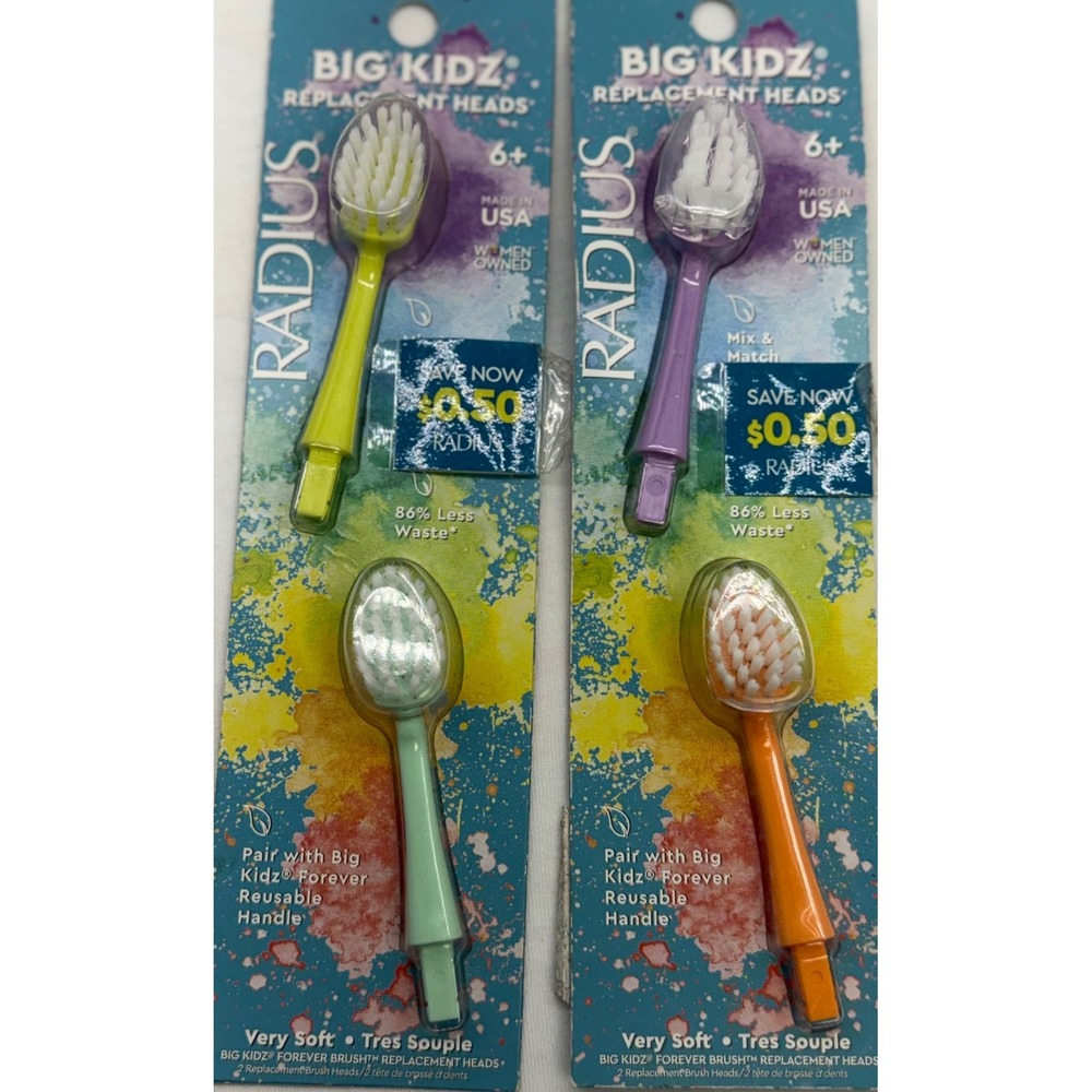 RADIUS Big Kidz Forever Brush Replacement Heads 4ct Very Soft Kid 6+ Made in USA